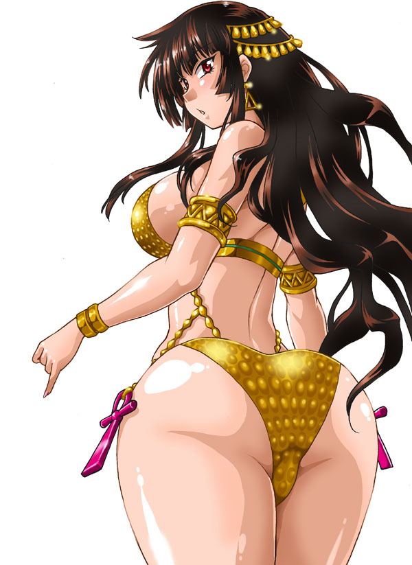 1girls ass big_ass breasts brown_hair butt cleopatra female gold gold_(metal) golden_bikini hair_ribbon makeup manabe_jouji red_eyes shiny_clothes solo yellow_bikini yellow_shorts