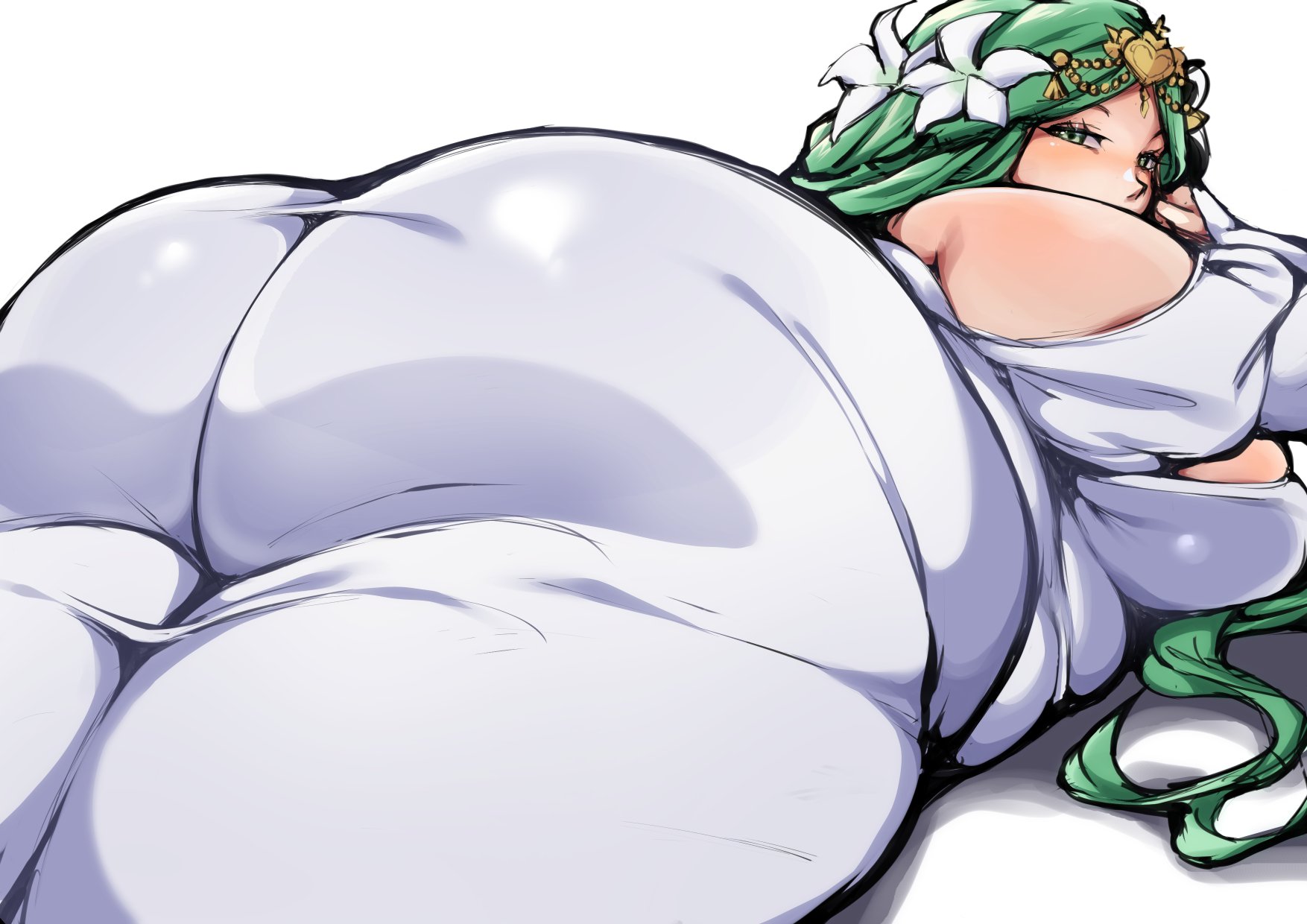 1girls, 2022, alternate ass size, alternate breast size, ass, big ass, big breasts, breasts, chubby, dress, female, female only, fire emblem, fire emblem: three houses, green eyes, green hair, huge ass, large ass, large breasts, long hair, looking at viewer, looking back, matching hair/eyes, nintendo, on stomach, plump, rhea (fire emblem), simple background, solo, thick ass, thick thighs, thighs, tsunaakan, white background