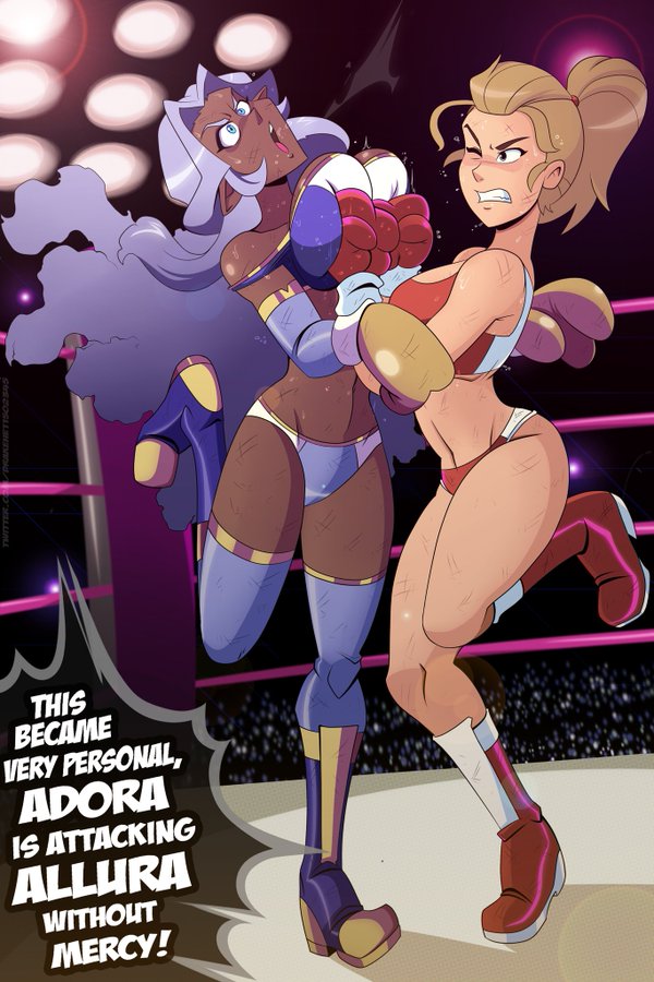 2girls adora big_breasts blonde_hair blue_eyes boxing boxing_gloves boxing_ring brown_hair commission crossover dark-skinned_female dark_skin dark_yellow_boxing_gloves dark_yellow_gloves female female_focus female_only fighting gloves great_dude light-skinned_female light_skin long_hair ponytail princess princess_allura purple_hair red_boxing_gloves red_gloves royalty she-ra_and_the_princesses_of_power voltron voltron:_legendary_defender