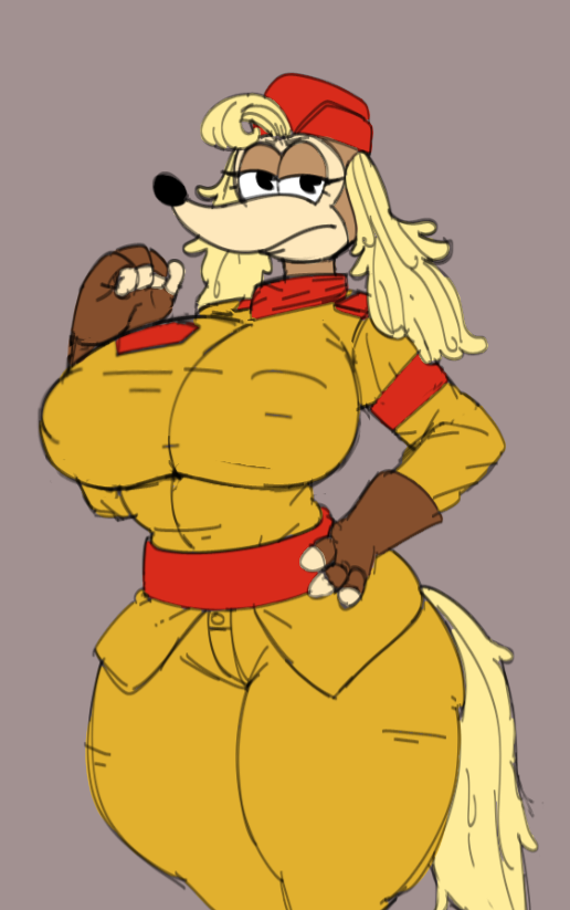 anthro big_breasts breasts canid canine canine_humanoid canis clothed clothing cuphead_(game) female gloves kooying large_breasts looking_at_viewer pilot_saluki_(cuphead) thick thick_thighs thighs tight_clothing uniform