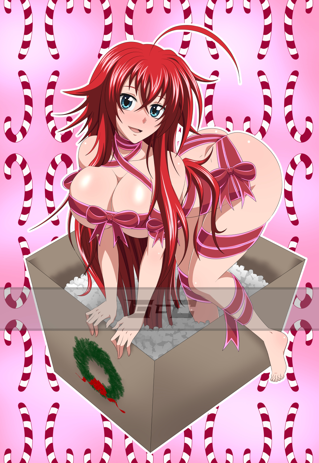 ass, bent over, blue eyes, blush, breasts, christmas, cleavage, female, female only, ggc, gift wrapped, hair between eyes, high school dxd, large ass, large breasts, long hair, looking at viewer, red hair, rias gremory, solo focus, thick thighs, thighs, uncensored, wide hips