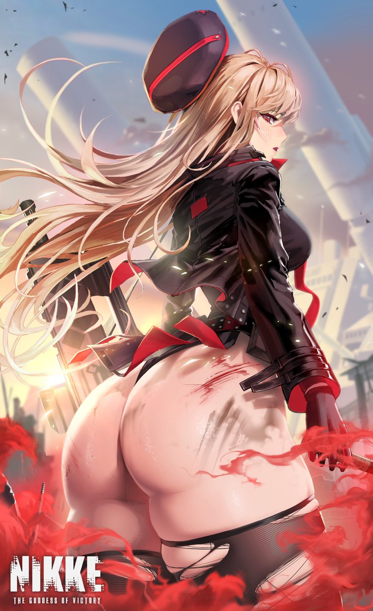 1girls, ass, beret, black jacket, black leotard, blonde hair, blood, blurred background, breasts, essvee, expressionless, female, female only, goddess of victory: nikke, gun, leotard, light skin, light-skinned female, long hair, looking at viewer, medium breasts, military, military uniform, rapi (nikke), red eyes, solo, stockings, sunlight, thighhighs, thighs, torn legwear, two-tone gloves, weapon