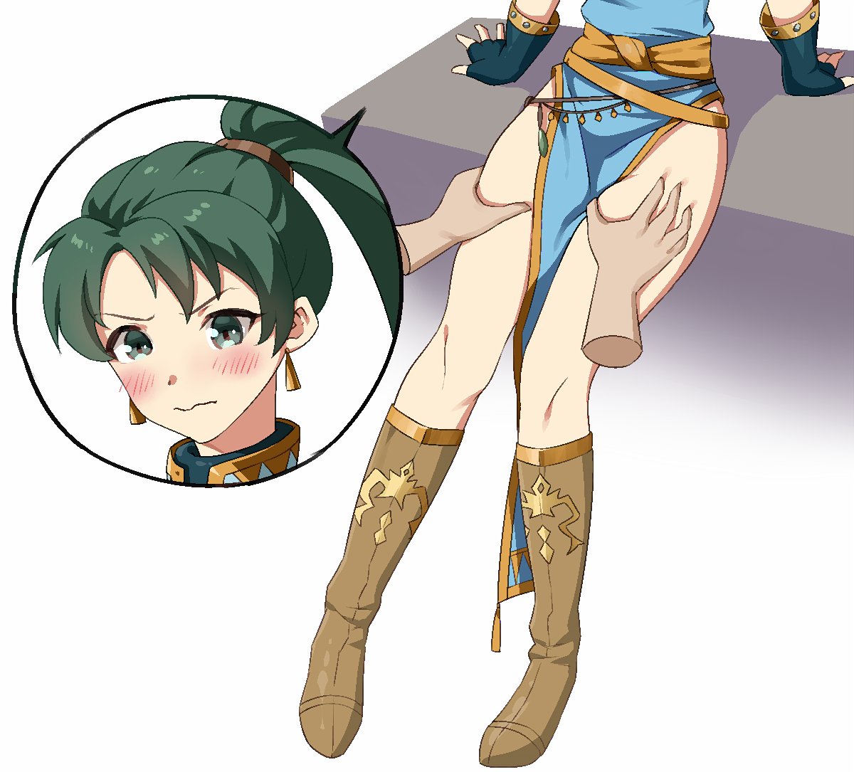 1boy 1girls bare_legs bare_thighs blush boots closed_mouth disembodied_limb earrings embarrassed face_closeup female_focus fire_emblem fire_emblem:_the_blazing_blade frown fully_clothed green_eyes green_hair groping igni_tion jewelry legs lower_body lyn_(fire_emblem) nintendo ponytail sitting solo_focus speech_bubble thigh_focus thigh_grab thighs