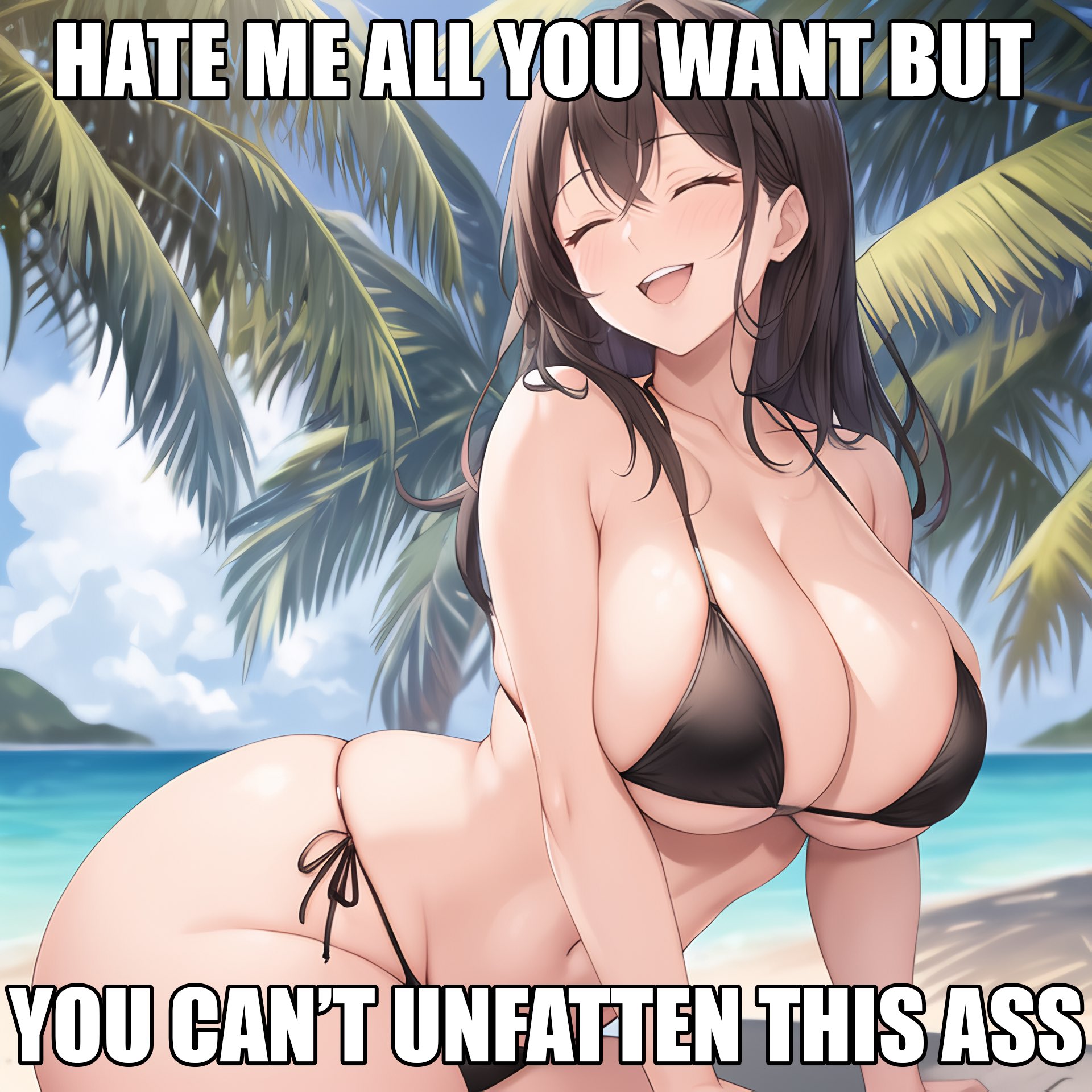1girls, ai generated, big breasts, black hair, breasts, bulging breasts, closed eyes, english text, female, female only, high resolution, highres, looking at viewer, meme, nai diffusion, original, original character, smiling at viewer, solo, stable diffusion, stuffyai, text