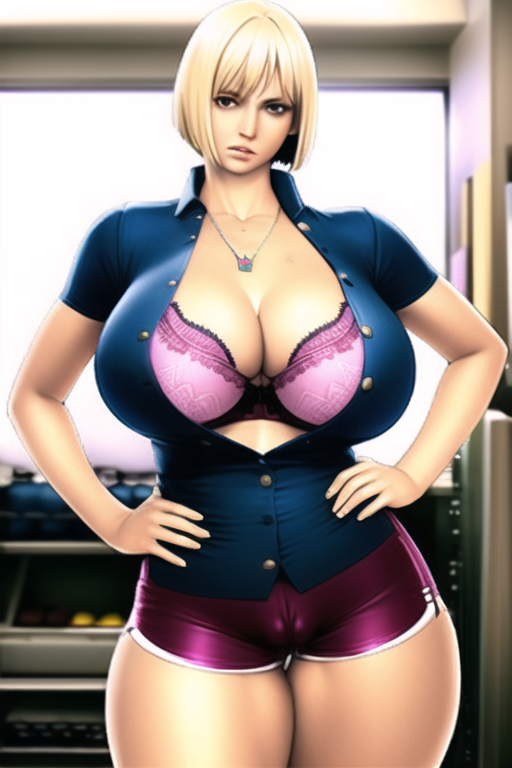 ai_generated bimbo blonde_hair bra bra_cups_sticking_out breasts_bigger_than_head button_pop cameltoe cleavage customer disappointed hands_on_hips huge_breasts karen light-skinned_female milf nai_diffusion necklace original popped_button shirt_open short_hair short_shorts stable_diffusion thick_thighs tight_shirt tight_shorts upset