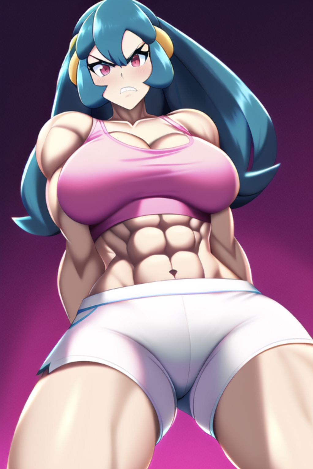 1girls abs absurd_res absurdres ai_generated angry athletic athletic_female bare_arms bare_legs bare_midriff bare_shoulders bare_thighs biceps blue_hair blush breast_expansion breasts broad_shoulders camisole cleavage collarbone crop_top deep_cleavage fit fit_female game_freak huge_breasts impossible_clothes impossible_clothing impossible_shirt large_breasts looking_at_viewer massive_breasts midriff muscle muscle_growth muscles muscular muscular_arms muscular_female muscular_legs muscular_thighs nintendo obliques pink_camisole pink_crop_top pink_tank_top pixai pokemon pokemon_hgss red_eyes sabrina_(pokemon) sabrina_(pokemon_hgss) short_shorts shorts solo solo_female spaghetti_strap stable_diffusion tank_top teeth teeth_clenched teeth_showing teeth_visible thick_arms thick_thighs thighs toned toned_body toned_female toned_stomach voluptuous voluptuous_female white_shorts wide_hips