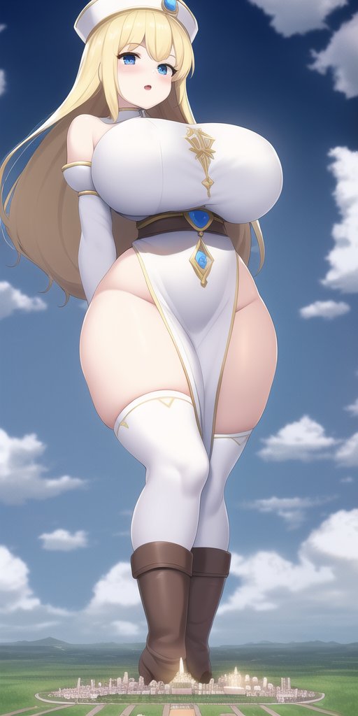 1girls, ai generated, big breasts, blonde hair, breasts, female, female only, giantess, long hair, nai diffusion, original, original character, priestess, solo, stable diffusion