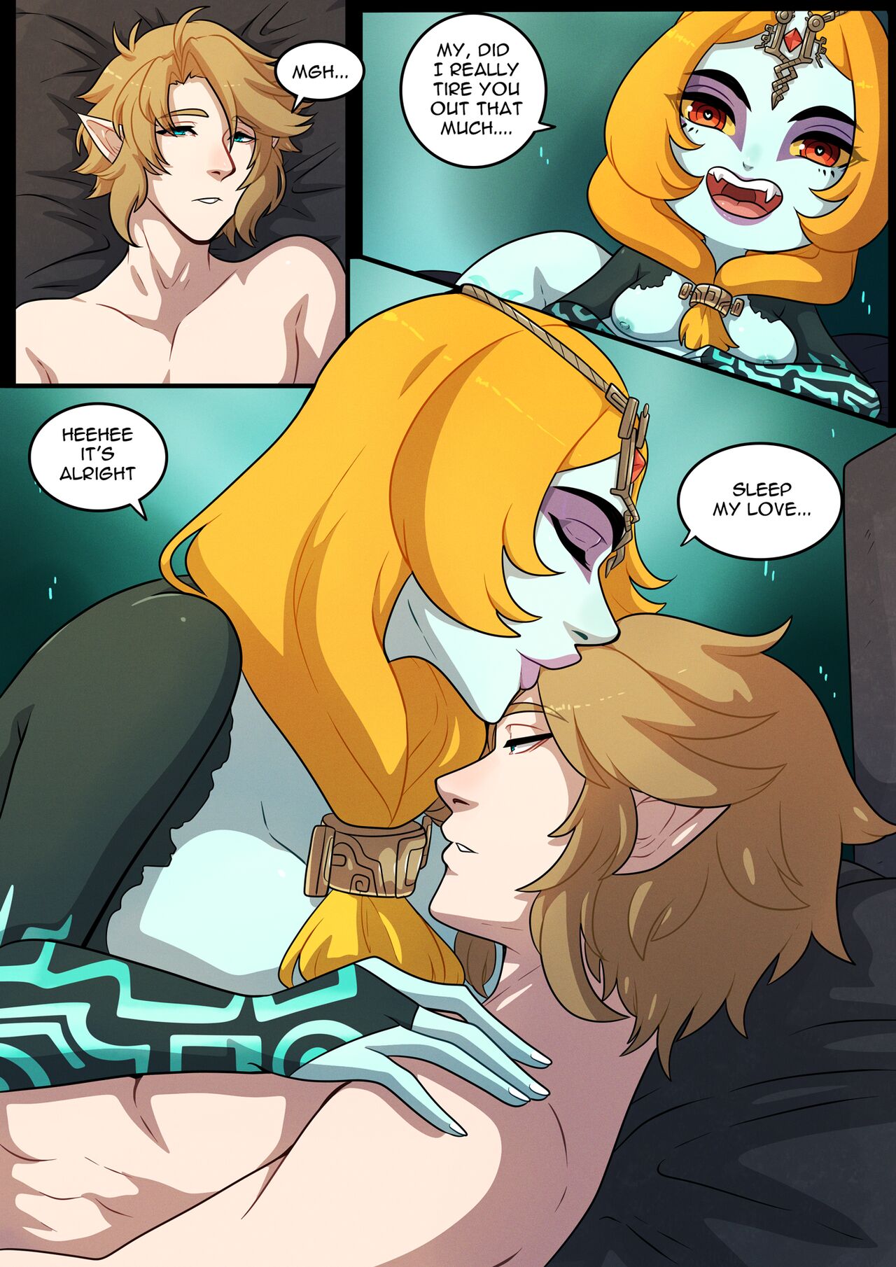 1boy 1girls after_sex age_difference ara_ara big_breasts breasts_out comic detached_sleeves doujinshi elf elf_ears elf_male forehead_kiss full_lips heart-shaped_pupils interspecies kinkymation link link_(twilight_princess) long_hair mature_female midna nipples older_female older_woman_and_younger_boy romantic romantic_couple sleepy sweating sweaty the_legend_of_zelda tired twili twili_midna twilight_princess umbral_bliss_(comic) younger_male