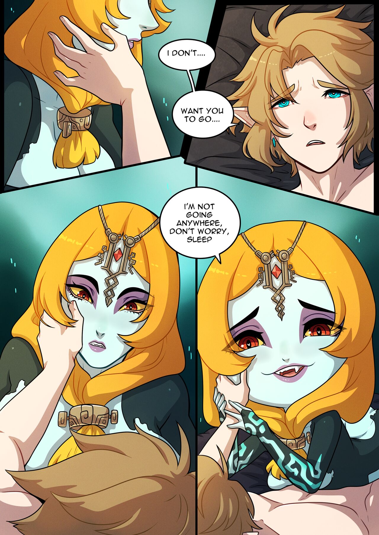 1boy 1girls after_sex age_difference blush chibi comic doujinshi elf elf_ears elf_male female_on_top full_lips hand_on_cheek hand_on_face heart-shaped_pupils in_love interspecies kinkymation link link_(twilight_princess) mature_female midna older_female older_woman_and_younger_boy romantic romantic_couple sleepy the_legend_of_zelda tired twili twili_midna twilight_princess umbral_bliss_(comic) younger_male