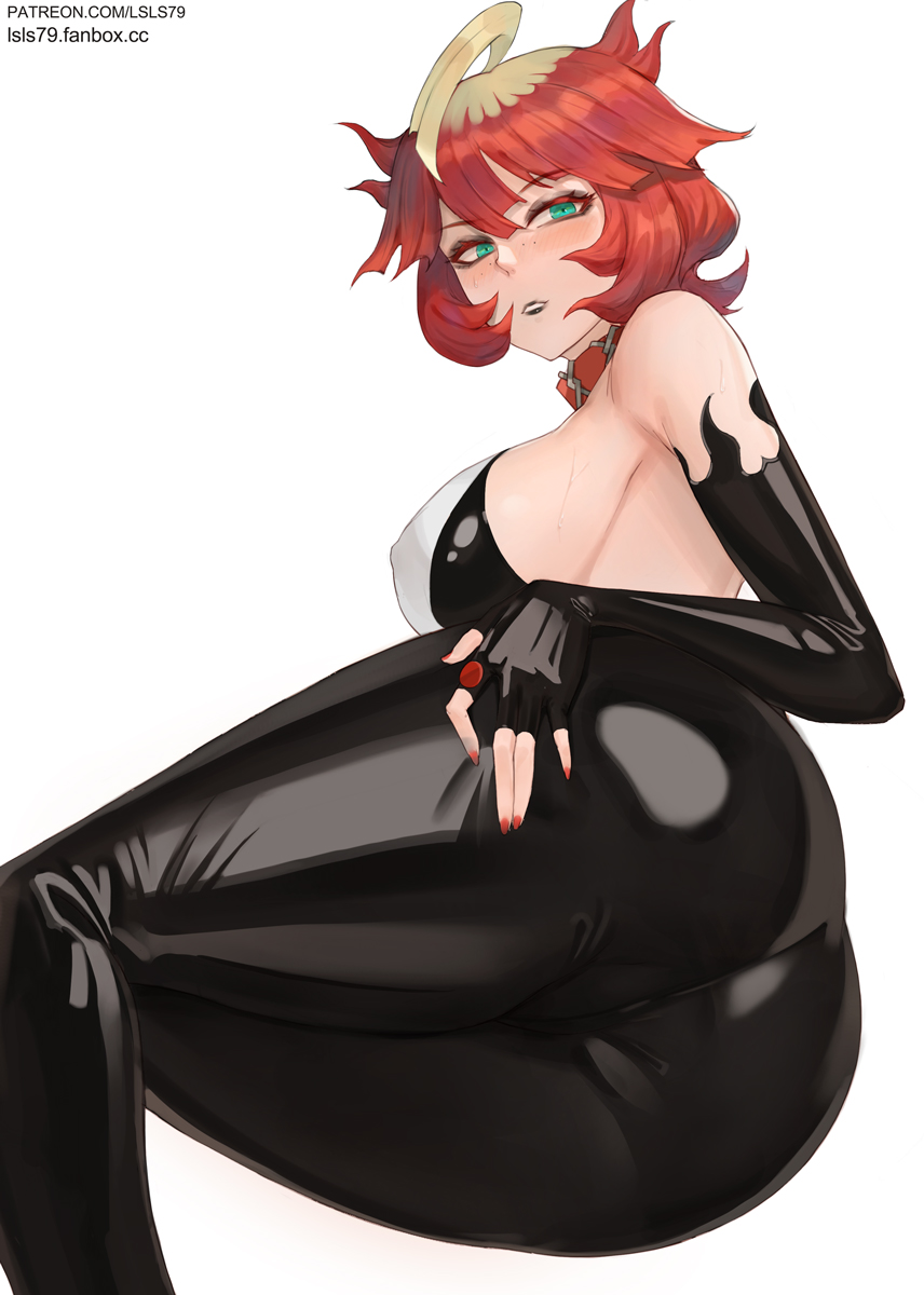 1girls, ass, female, female only, huge ass, light skin, light-skinned female, looking at viewer, lsls, lying on side, mela (pokemon), nails, nintendo, pokemon, pokemon sv, red hair, red nails, team star, thick ass, thick thighs, tight clothing