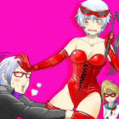 1boy 2girls 3mm blush canon_genderswap cleavage dominatrix domino_mask elbow_gloves embarrassed eye_mask female genderswap_(ftm) genderswap_(mtf) ginko_sakata gintama gintoki_sakata glasses gloves leotard lowres male mask mask_on_head official_alternate_costume okita_sougo okita_souko pervert pink_background red_gloves red_legwear red_leotard red_thighhighs rule_63 sarutobi_ayame sarutobi_ayao short_hair silver_hair uncomfortable very_short_hair whip