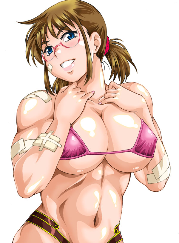 1girls abdominals abs big_breasts bikini blue_eyes brown_hair eyeglasses female happy manabe_jouji muscular muscular_female patches pink_bikini solo thick_thighs