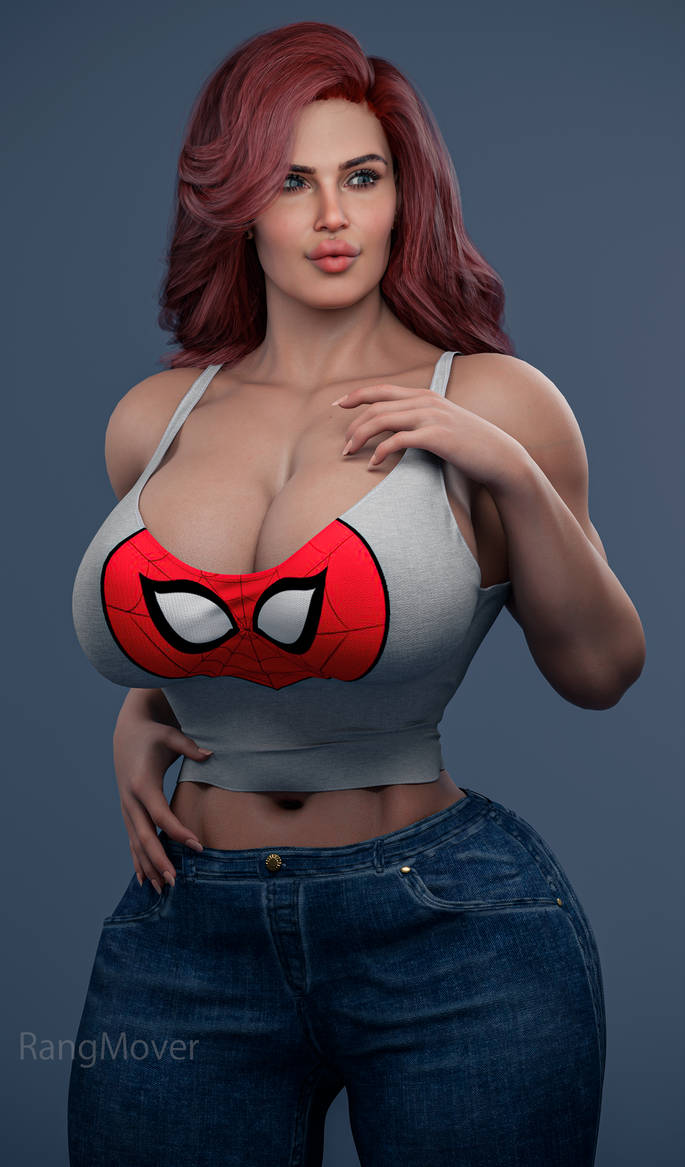 1girls 3d absurd_res arm_up armpit breasts brown_eyes cleavage female female_only fully_clothed hand_behind_head hi_res jeans large_breasts light-skinned_female linea_alba marvel marvel_comics mary_jane_watson midriff parted_lips rangmover red_hair seductive shirt short_hair sleeveless_shirt solo spider-man_(series) straight_hair tank_top