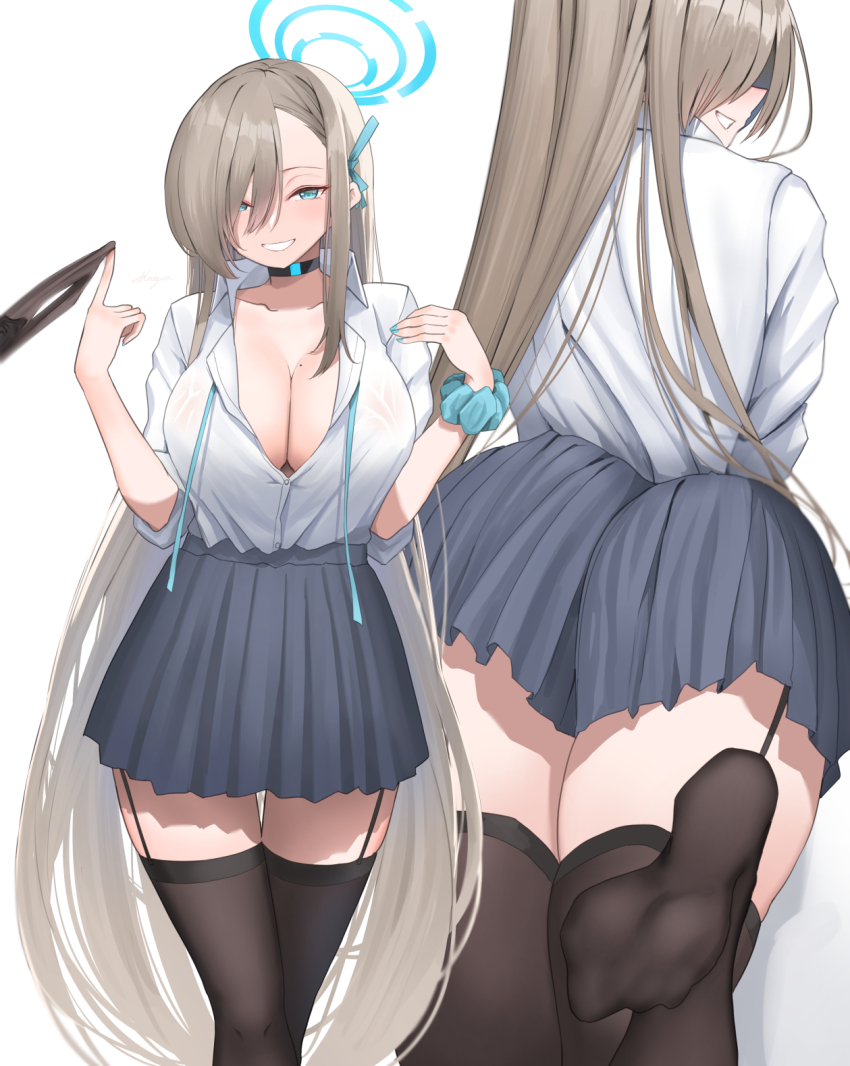 1girls ass asuna_(blue_archive) black_garter_straps black_legwear black_stockings blonde_hair blue_archive blush cleavage female_only footwear hair_between_eyes hair_over_one_eye large_ass large_breasts light-skinned_female light_brown_hair light_skin long_hair looking_at_viewer miniskirt shougun_(chuckni1) skirt smile solo_focus thick_thighs thighhighs thighs uncensored white_shirt wide_hips