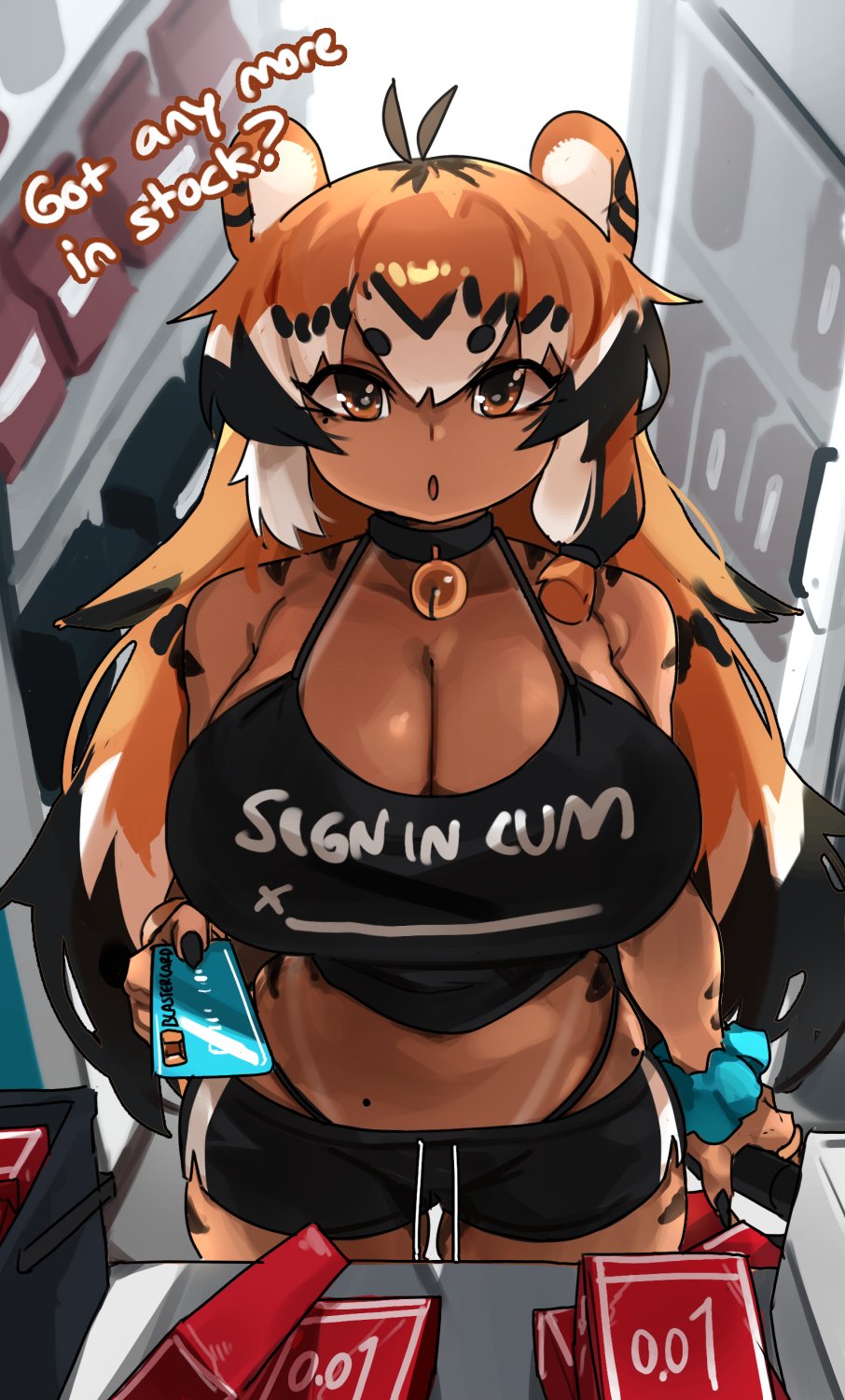 1girls animal_ears booty_shorts breasts brown_eyes brown_skin buying_condoms choker cleavage condom female huge_breasts indoors kemonomimi large_breasts long_hair multicolored_hair open_mouth original original_character short_shorts shorts store tan tan-skinned_female tank_top tanline tanlines tanned_skin text text_on_clothing thick_thighs ti-gyaru_(zanamaoria) tiger_ears tiger_girl wide_hips zanamaoria