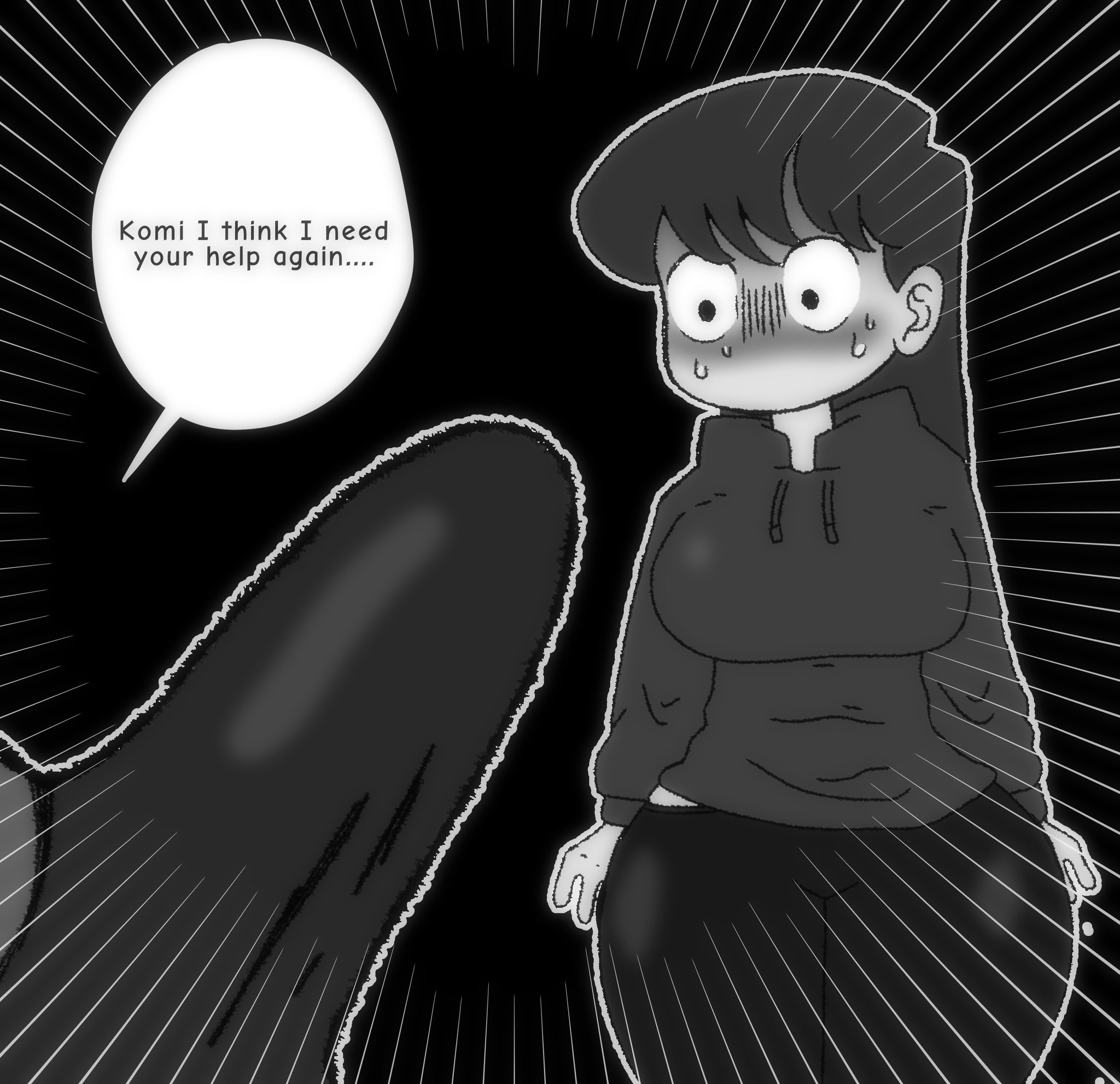 1boy, 1girls, big breasts, black background, blush, boner, breasts, clothed, clothing, english text, erection, erection under clothes, female, imminent sex, komi shouko, komi-san wa komyushou desu, male, no mouth, pleasure without expression, simple background, sweat, tadano hitohito, text, theodyss