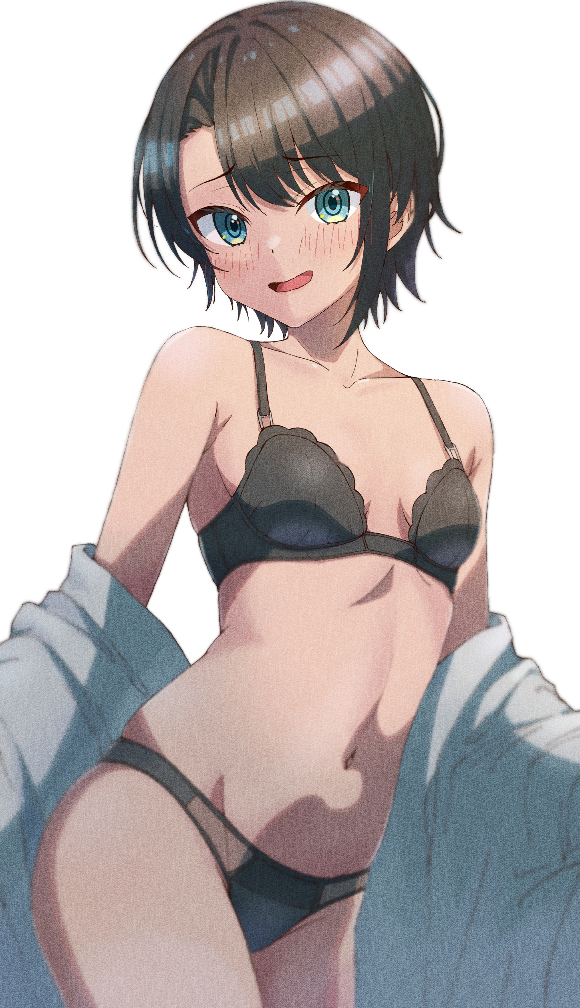 1girls, 2020s, 2022, absurd res, bare hips, bare shoulders, black bra, black hair, black panties, black underwear, blue eyes, blush, bra, breasts, cleavage, collarbone, female, halya meri, hi res, hips, hololive, hololive gen 2, hololive japan, midriff, navel, oozora subaru, open mouth, panties, short hair, small breasts, solo, standing, underwear, virtual youtuber, vtuber, white background