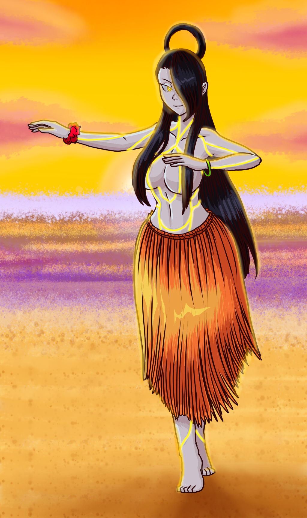 1girls beach black_hair breasts capcom commission dancing deviantart female female_only flower_bracelet grass_skirt green_bracelet grey_skin hair_covering_nipples hula hula_dancer hula_skirt long_hair nairod103098 navel seth_(sfv) seth_(street_fighter) smile smiling solo street_fighter street_fighter_v sunset topless topless_female yellow_eyes