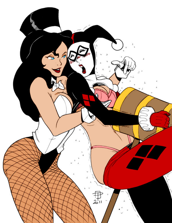 2girls batman_(series) big_breasts blush bra callmepo dc dc_comics female female_only fishnet_legwear fishnets groping_breasts harley_quinn harley_quinn_(classic) magic magician_hat mallet orgasm orgasm_face panties won_msagro yuri zatanna zatanna_zatara