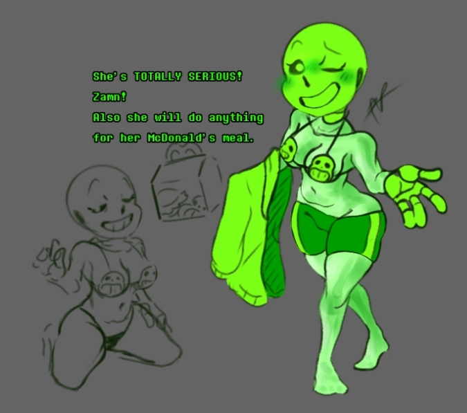 bra clothed female female_only female_sans genderswap green_sans kneeling mcdonald's one_eye_closed sans skeleton solo solo_female undertale undertale_(series)