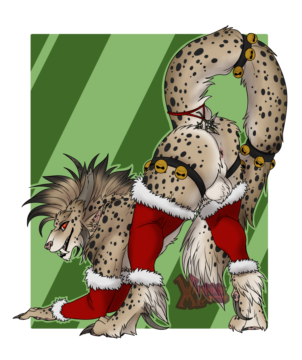 2022 4_horns all_fours alpha_channel anthro anus arm_warmers armwear ass ass_up ball_tuft balls biped black_body black_fur charr christmas christmas_clothing claws clothing dewclaw digital_media_(artwork) digitigrade fangs felid finger_claws fur genitals girly green_background guild_wars hi_res holidays horn leg_warmers legwear looking_at_viewer looking_back looking_back_at_viewer male mammal multi_horn multicolored_body multicolored_fur pawpads paws perineum presenting presenting_hindquarters red_eyes simple_background smile solo spots spotted_body spotted_fur tan_body tan_fur toe_claws tuft vampirika video_games white_body white_fur