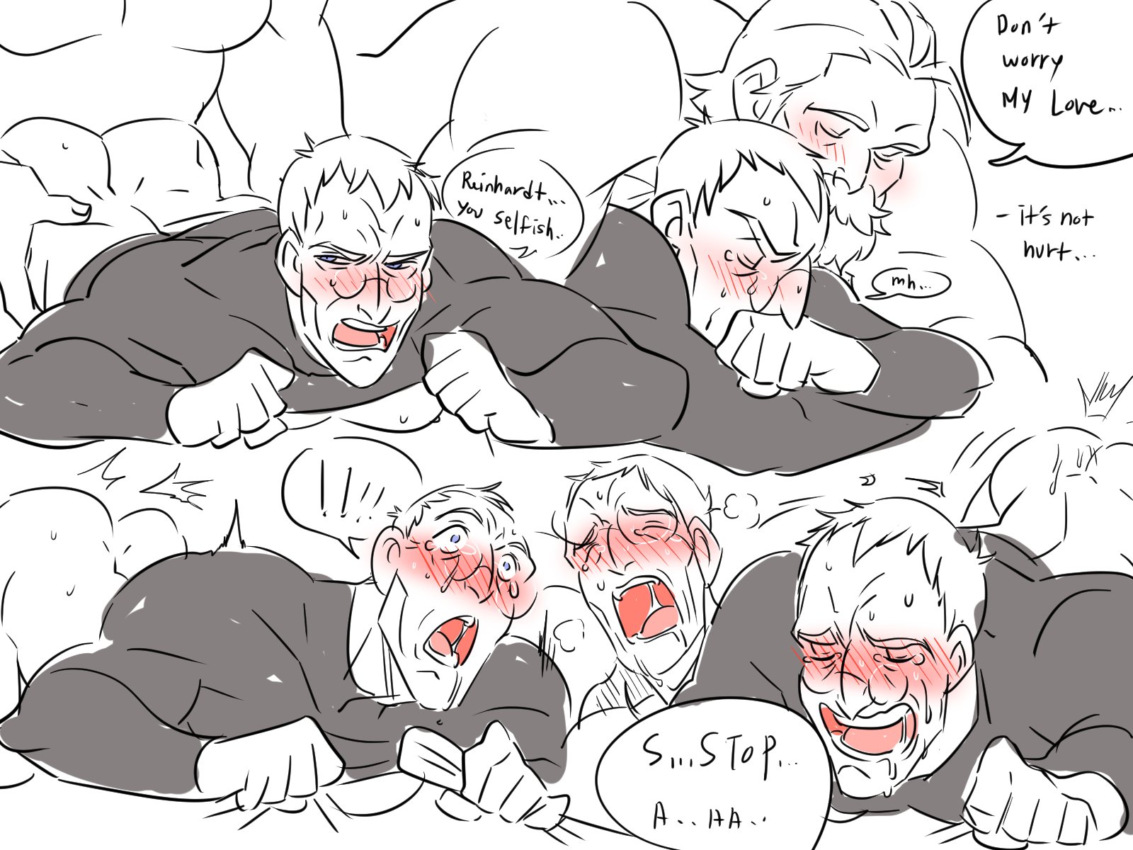 ahe gao, anal, anal sex, balls, blizzard entertainment, blush, closed eyes, dilf, looking pleasured, male, male only, monochrome, muscles, overwatch, pantsless, penis, pinpindoodle, reinhardt, sex, sigma (overwatch), speech bubble, sweaty, yaoi