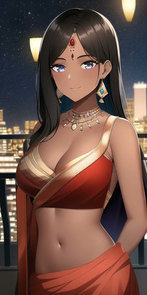 ai generated, bangle, big breasts, black hair, breasts, dark skin, dark-skinned female, detailed background, earrings, female, hourglass figure, indian, indian female, jewelry, nai diffusion, original, original character, sari, smiling at viewer, stable diffusion