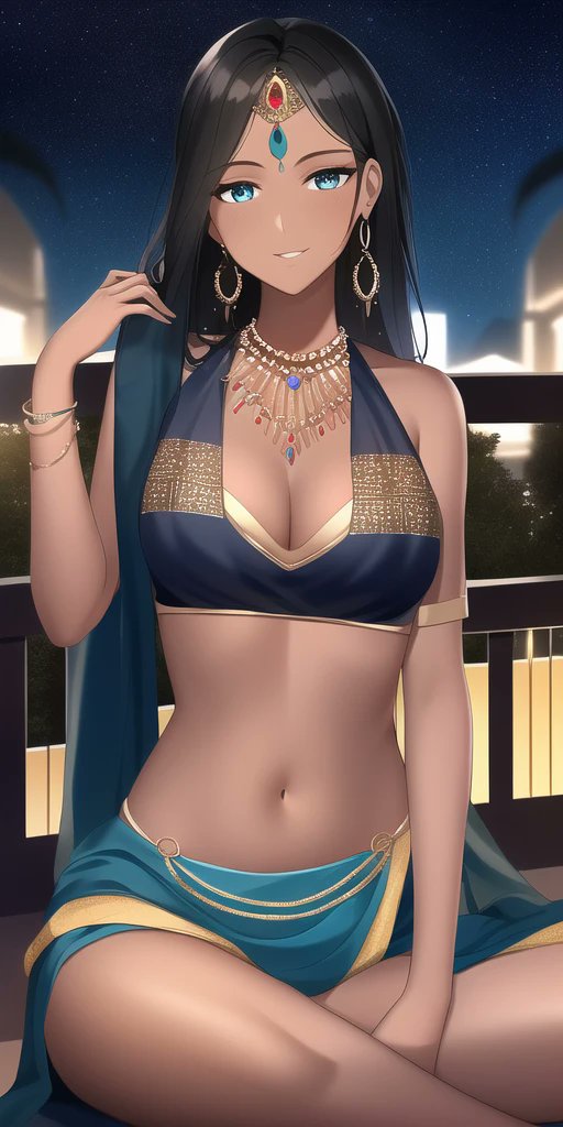 ai generated, aqua eyes, bangle, big breasts, black hair, blue eyes, breasts, dark skin, dark-skinned female, detailed background, earrings, female, hourglass figure, indian, indian female, jewelry, nai diffusion, original, original character, sari, smiling at viewer, stable diffusion