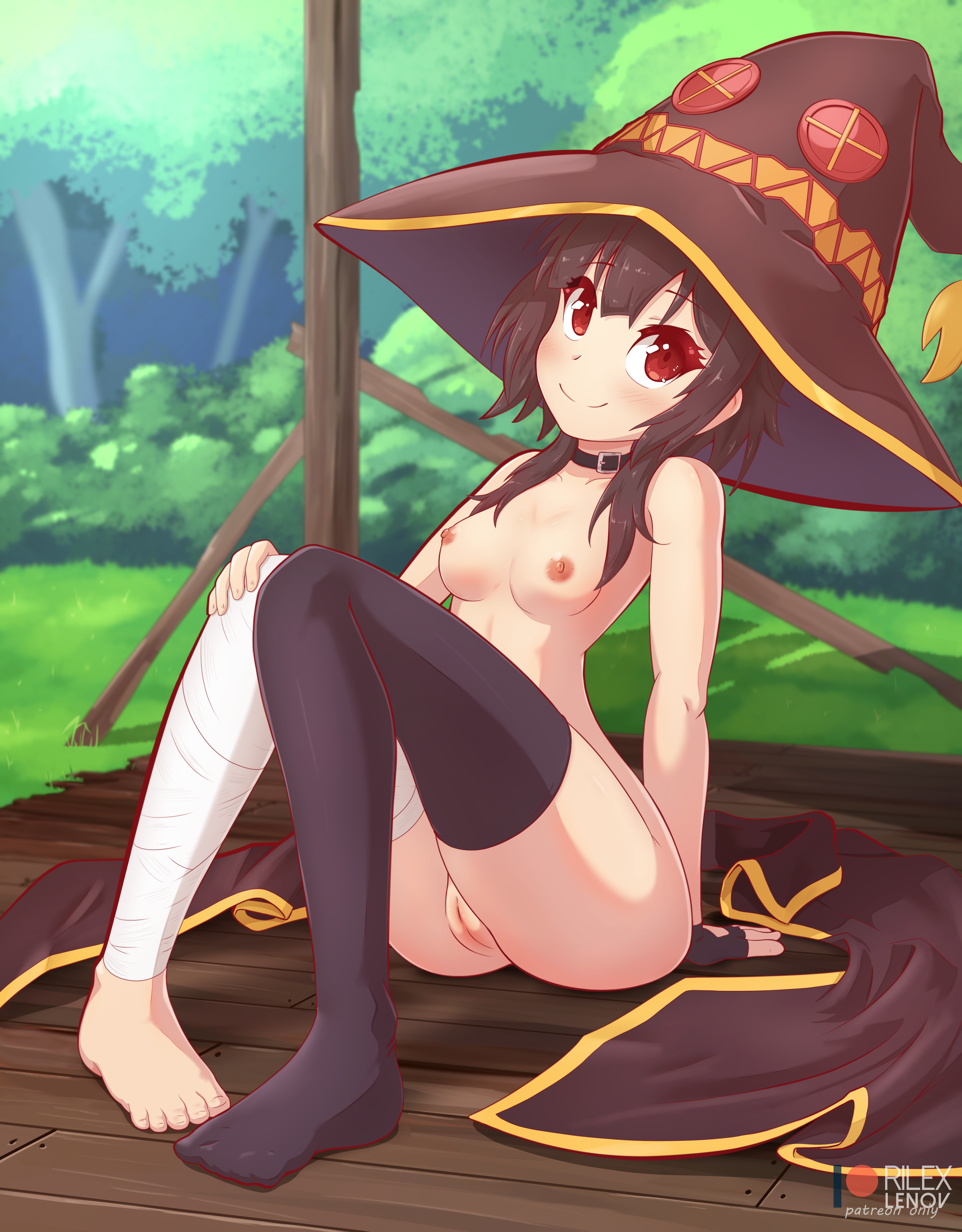 bandage, blush, breasts, choker, eyelashes, female, hair, hat, kono subarashii sekai ni shukufuku wo!, looking at viewer, megumin, nude, pussy, red eyes, rilex lenov, smile, thighhighs, witch hat