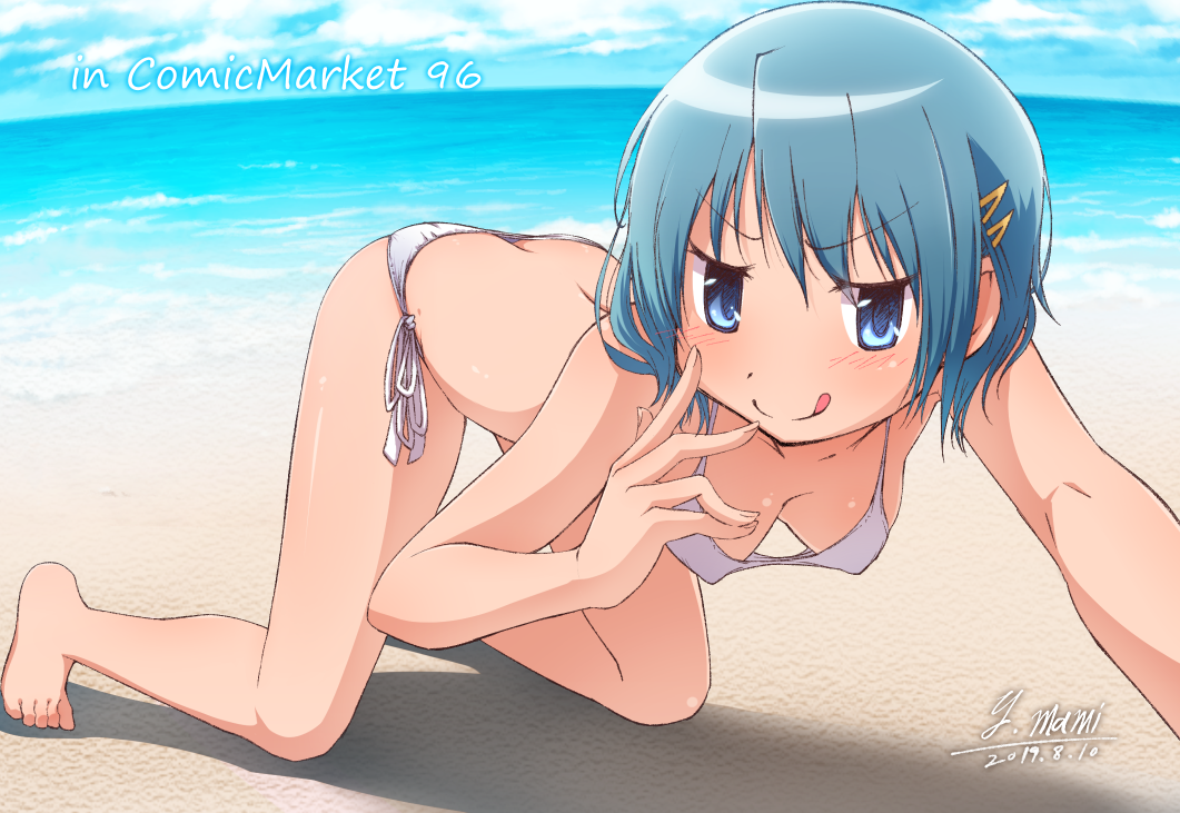 ass ass_cleavage bare_shoulders barefoot beach bikini blue_eyes blue_hair butt_crack day daytime feet female_only human human_only legs light-skinned_female light_skin magical_girl mahou_shoujo_madoka_magica maminagireo miki_sayaka sea seaside short_hair smile solo solo_female toes tongue white_skin yanmaami young