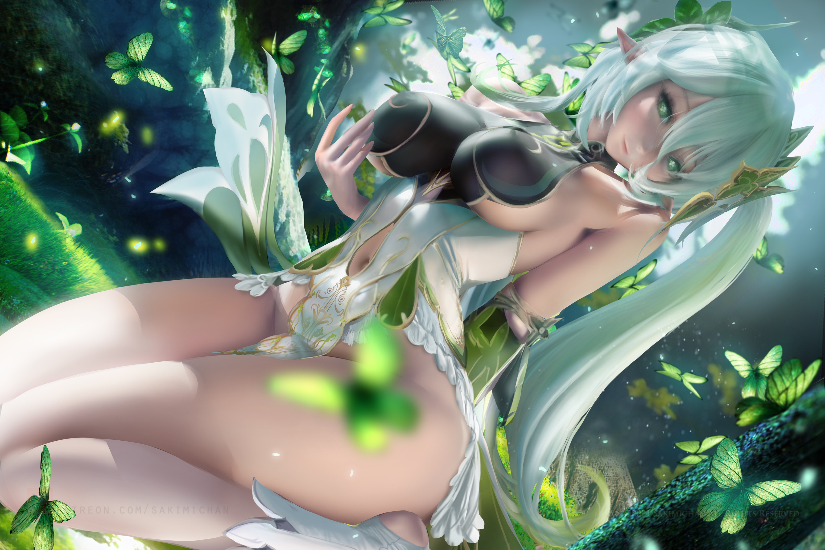 1girls, aged up, alternate breast size, breasts, female, genshin impact, green eyes, green hair, hartman hips, highres, hips, huge breasts, large breasts, light skin, light-skinned female, long ears, long hair, nahida (genshin impact), pointy ears, realistic, sakimichan, slim waist, solo, solo female, thick thighs, thighs, two-tone hair, watermark, white hair, wide hips