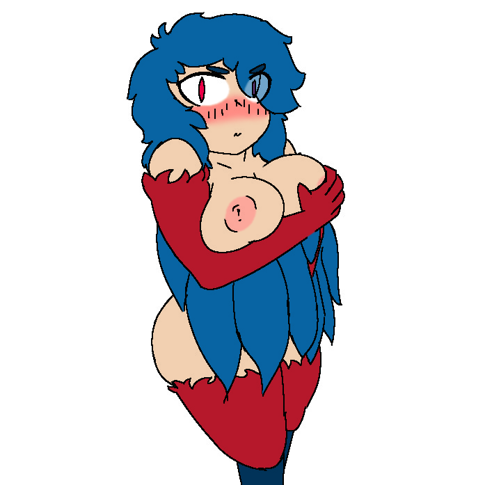 arm_wings blue_hair blush breast_grab claws color edit female harpy harpy_(terraria) large_breasts monster_girl red_eyes solo_female terraria winged_arms