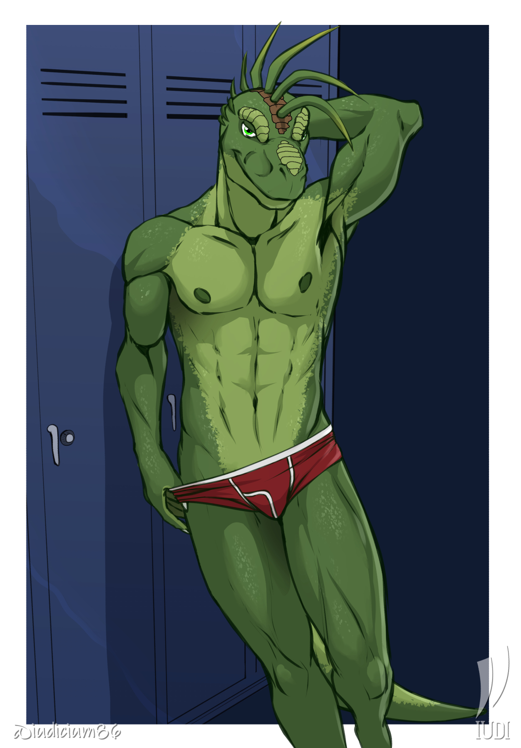 1boy anthro athletic athletic_male clothing dinosaur dinosaurs_(series) hi_res invalid_tag iudicium86 leaning_on_object locker_room male male_only nipples pulling_down_underwear reptile robbie_sinclair scalie solo teasing underwear