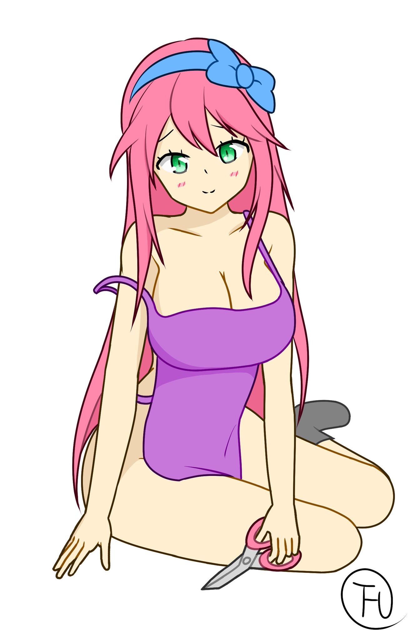 1girls, apron, apron only, big breasts, blush, bow, breasts, cleavage, female, female only, green eyes, henryauyong, looking at viewer, partially clothed, pink hair, sitting, solo, stylist (terraria), terraria, thehallowunderground