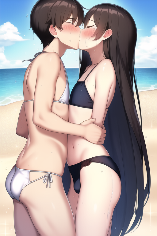 2boys, 2femboys, ai generated, beach, bikini, embarrassed, femboy, femboy only, kissing, long hair, male, male only, nai diffusion, original, panties, penis, penis bulge, sea, short hair, stable diffusion