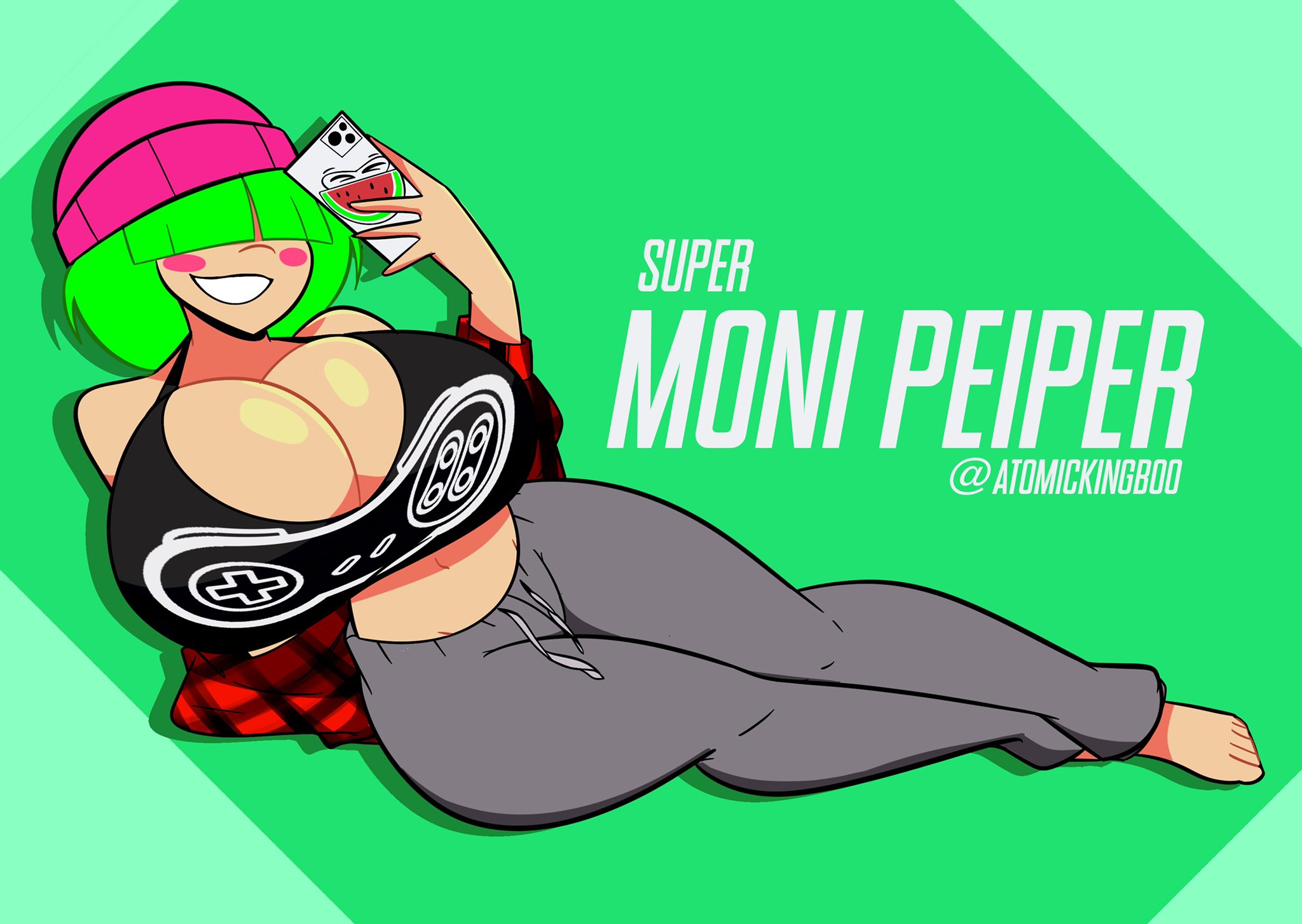 1girls, atomickingboo, big breasts, breasts, breasts bigger than head, busty, cleavage, clothed, clothed female, curvaceous, curvy, female, female only, from side, gamer girl, green hair, hourglass figure, huge breasts, hyper breasts, legs, light skin, light-skinned female, lower body, moni peiper, oc, original, original character, punk girl, short hair, solo, the besties (atomickingboo), thick, thick legs, thick thighs, thighs, upper body, voluptuous, watermark