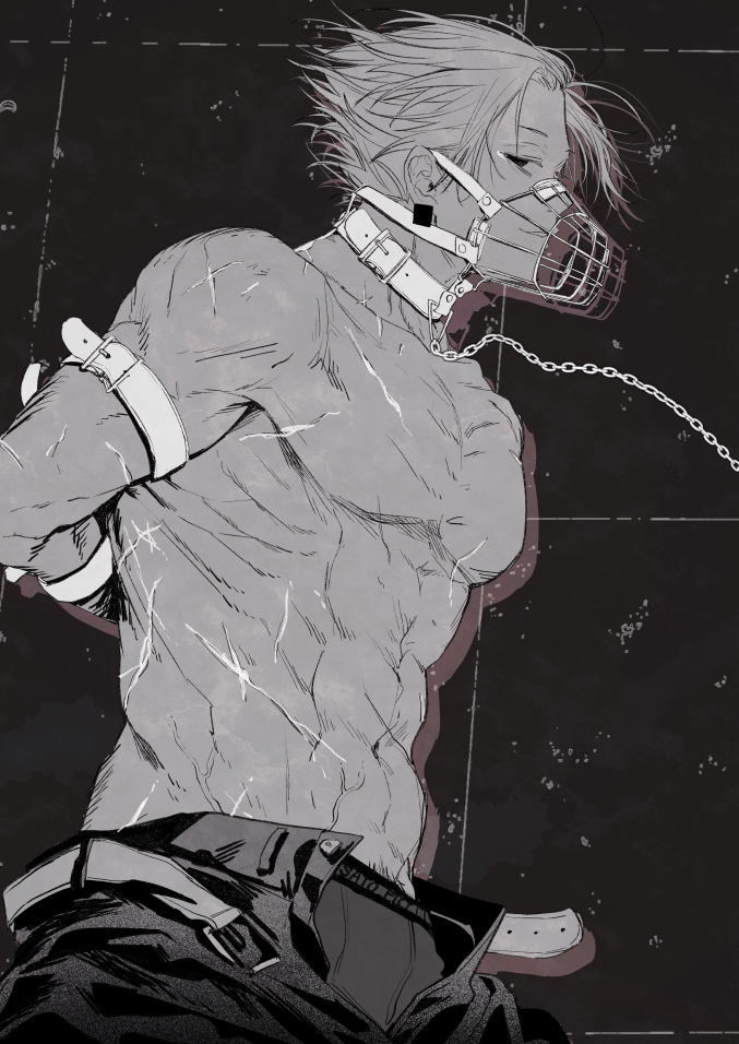 1boy abs bara belt belt_buckle bondage bound bound_arms boxers chains collar earrings exposed_torso gaku_(sakamoto_days) greyscale hair_slicked_back male male_focus male_only mask monochrome muscular muscular_male muzzle_(object) muzzled obliques open_pants pants pecs pectorals pubic_hair restrained sakamoto_days sato_pict scar shirtless six_pack solo solo_male topless_male underwear unzipped veins