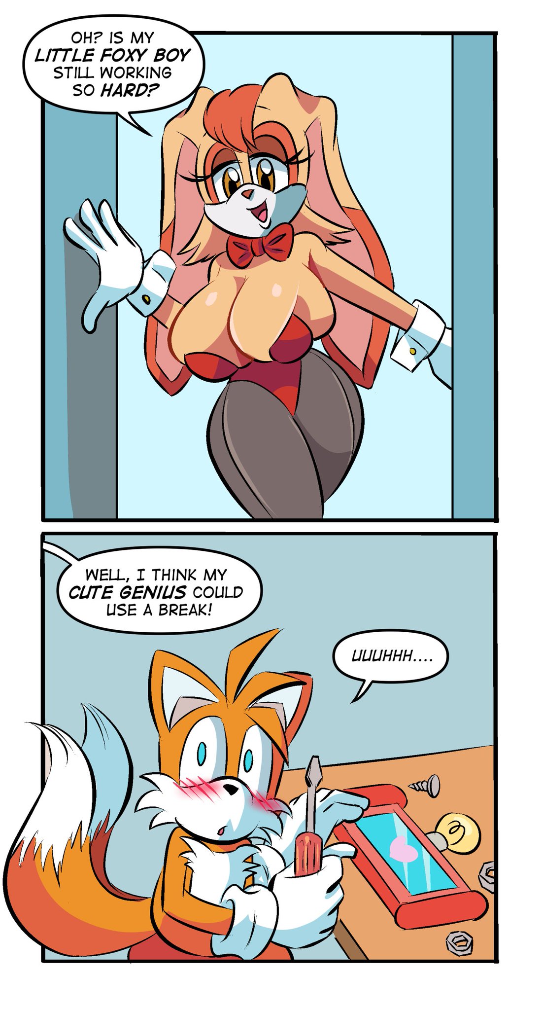 1boy, 1girls, anthro, big breasts, blush, breasts, busty, english text, female, fox, fox boy, fox ears, fox humanoid, furry, glassfish, hips, hourglass figure, humanoid, imminent sex, male, miles prower, milf, mobian (species), older female, rabbit, rabbit ears, rabbit girl, rabbit humanoid, sega, sonic (series), sonic the hedgehog (series), speech bubble, tails, tails the fox, text, vanilla the rabbit, voluptuous, wide hips, younger male