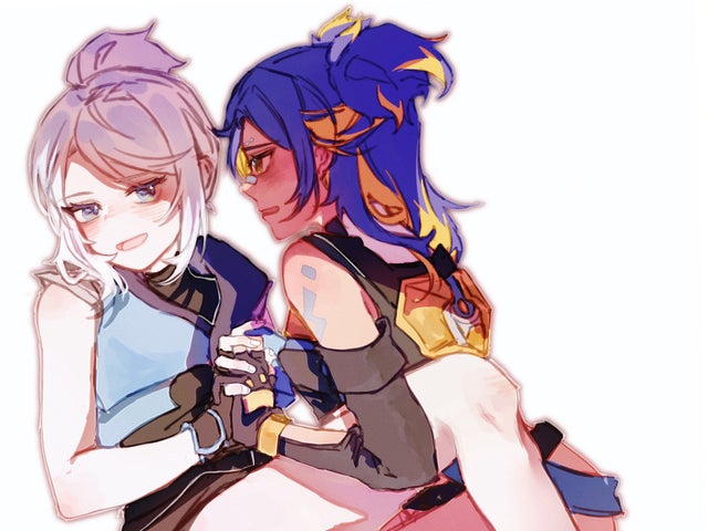 female, holding hands, jett (valorant), leg around partner, lesbian, neon (valorant), valorant, yuri