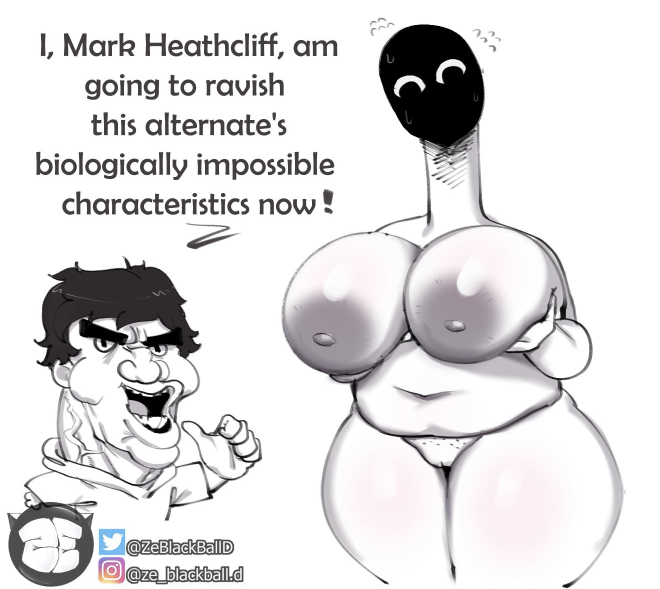 1boy, 1girls, alternate (mandela catalogue), breasts, creepy, female, holding up breasts, male, mandela catalogue, mark heathcliff, monster, nightmare waifu, pussy, sweat, sweating, ze blackball.d, zeblackballd (artist)
