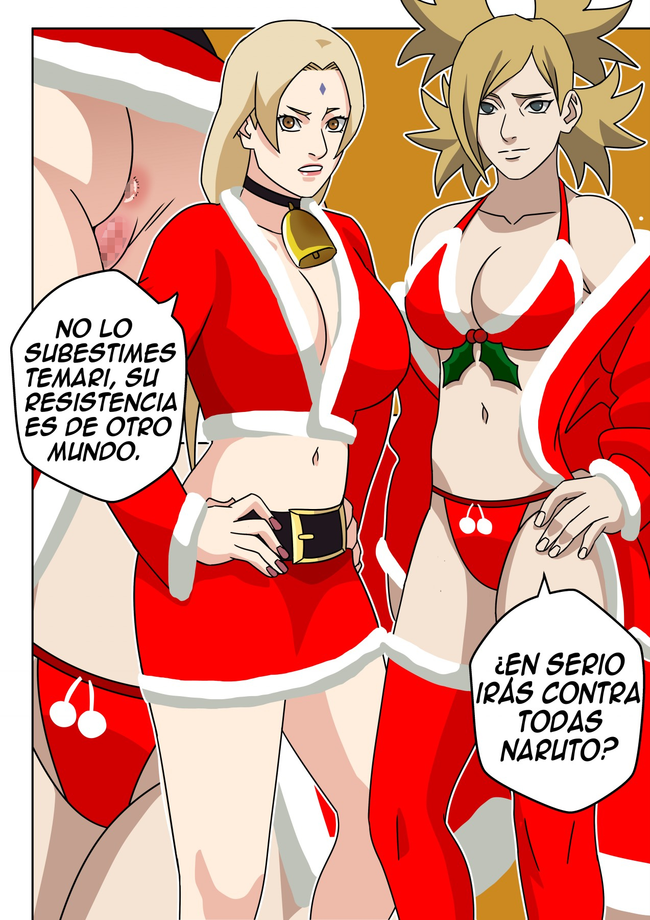 2girls, adapted costume, age difference, anus, ass, bare chest, bare midriff, bare shoulders, belt, big breasts, bikini bottom, bikini top, blonde hair, boruto: naruto next generations, bra, breasts, brown eyes, choker, christmas, christmas outfit, cleavage, close-up, coat, collarbone, comic, confident, crop top, curvaceous, curvy, curvy body, curvy female, curvy figure, dialogue, female, female only, fingernail polish, fingernails, fur trim, gilf, huge breasts, husband and wife, jacket, jingle bell, lipstick, makeup, mature, mature female, midriff, milf, miniskirt, mistletoe, multiple females, multiple girls, nail polish, naruto, naruto (series), ninrubio, no panties, older female, open clothes, panties, pussy, quad tails, raised eyebrow, revealing clothes, round ass, santa costume, skirt, smile, smug, smug face, spanish text, speech bubble, story, swingers, take your pick, talking, talking to another, talking to partner, teal eyes, temari, thick thighs, thighhighs, tied hair, tsunade, twintails, underwear, voluptuous, waistcoat, yellow hair, younger female