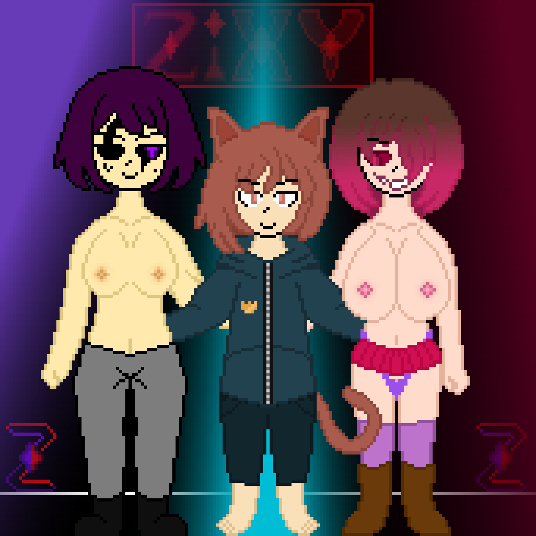 1boy 2022 2girls bete_noire breasts brown_hair dark_zixy glitchtale nekomata_hiroshkatu_(miguel16310) oc original original_character pink_eyes pink_hair pink_highlights purple_hair purple_skin tagme undertale undertale_(series) zixy