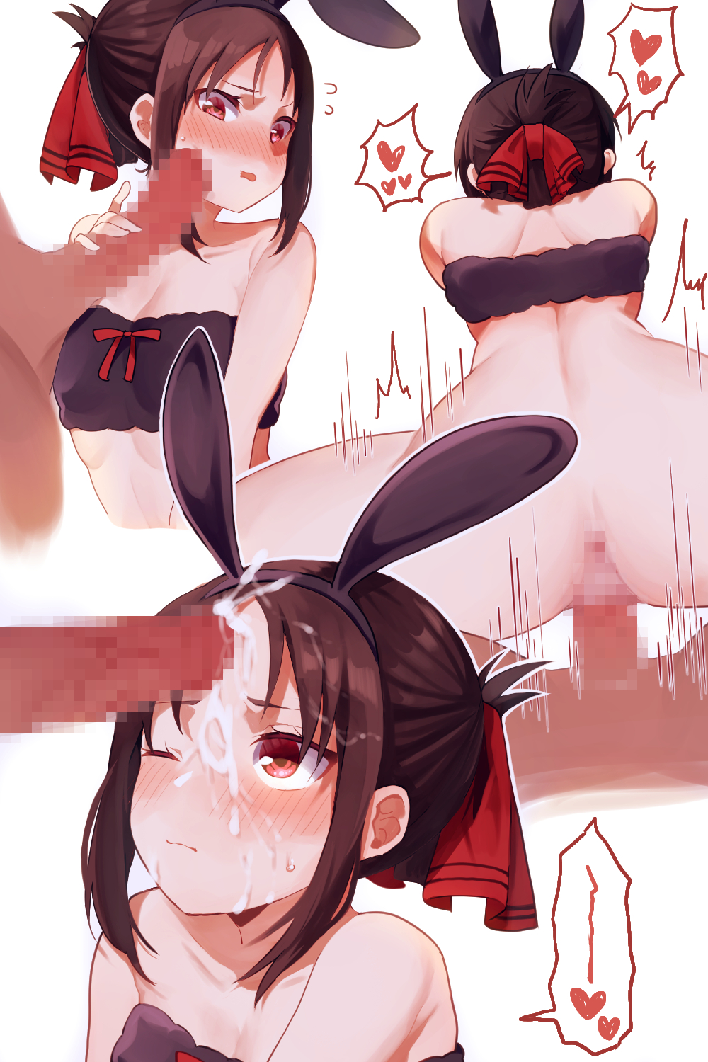 1boy, 1girls, after sex, akise mika, anus, ass, black hair, blush, breasts, bunny ears, censored, cowgirl position, cum, cum on face, cum on hair, dark skin, dark-skinned male, female, flat chest, kaguya-sama wa kokurasetai ~tensai-tachi no renai zunousen~, male, mosaic censoring, one eye closed, penis, pussy, red eyes, red ribbon, sex, shinomiya kaguya, spread legs, thick thighs, tied hair, vaginal penetration
