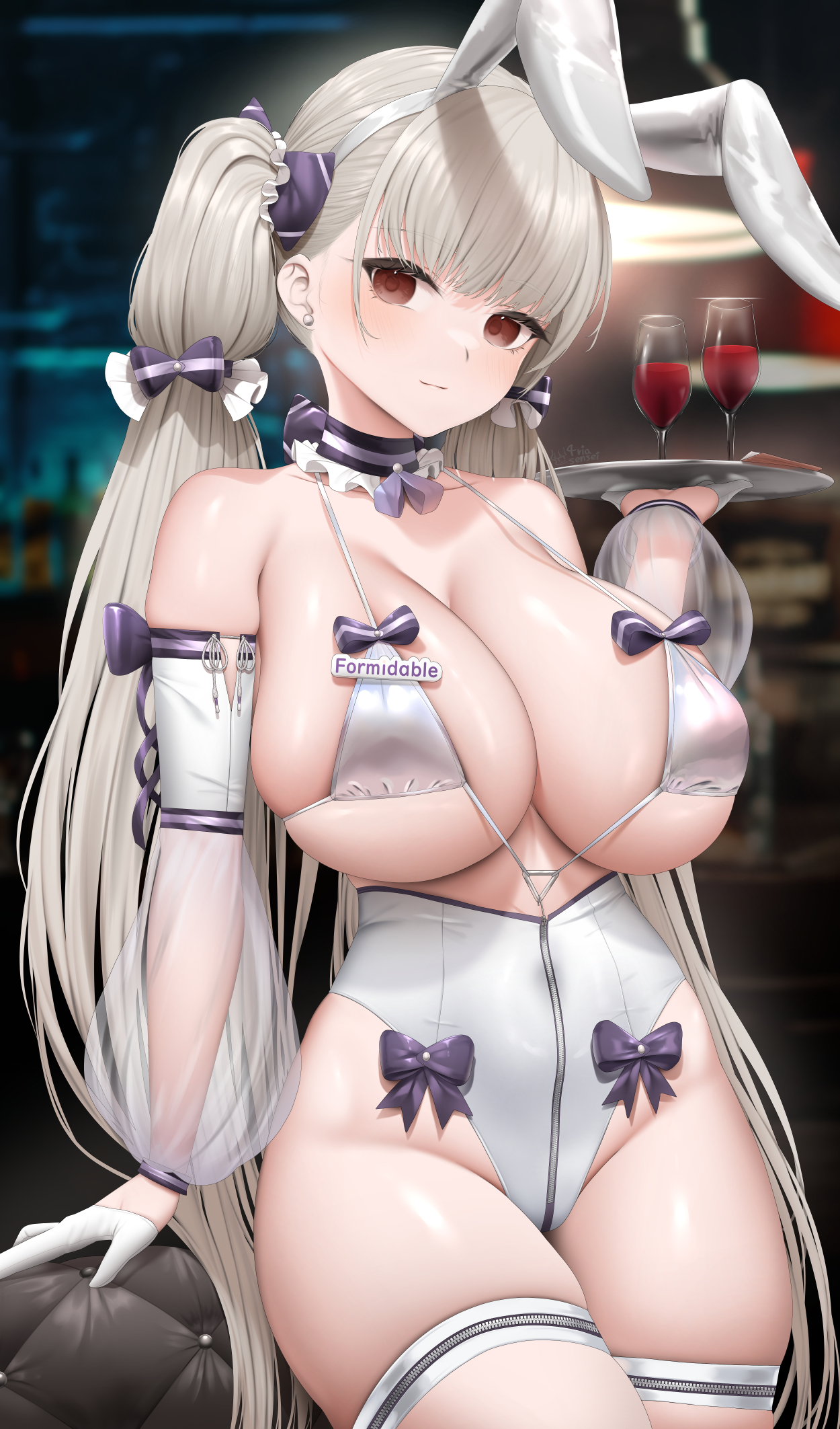 1girls, azur lane, bikini, blush, breasts, bunny ears, bunny girl, female, formidable (azur lane), fouriasensei, holding object, huge breasts, light skin, light-skinned female, long hair, red eyes, serving tray, skindentation, smile, thick thighs, waitress, white bikini, white hair, wide hips, wine, wine glass