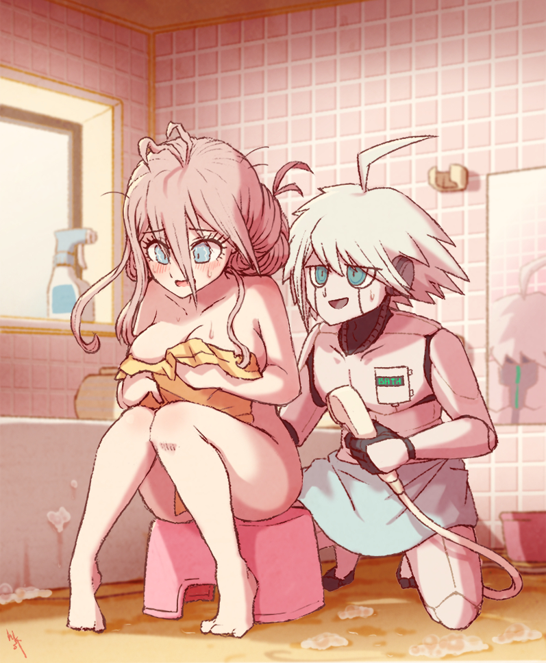 1boy 1girls adorable ahoge bathroom blonde_hair blue_eyes blush breasts bubbles cleavage completely_nude covering cute danganronpa danganronpa_v3 female h9_st iruma_miu kiibo large_breasts male new_danganronpa_v3 non_sexual nonsexual nude nude_female robot shower straight_hair sweat towel towel_only washing_another white_hair wholesome