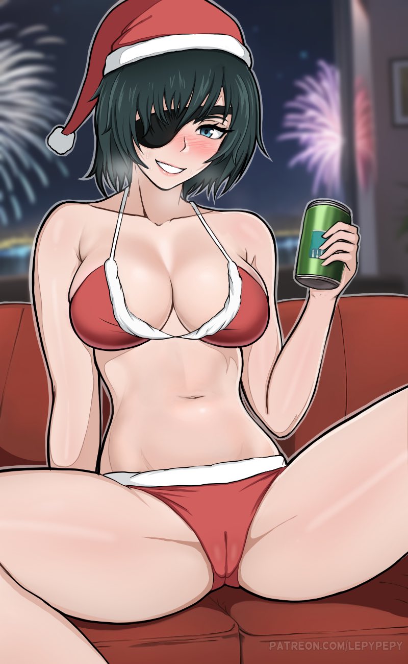 1girls, 2023, beer can, blush, bottomwear, breasts, chainsaw man, christmas, christmas clothing, christmas hat, cleavage, dark green hair, eyepatch, eyewear, female, female only, fireworks, green eyes, hair over one eye, hat, headwear, himeno (chainsaw man), holding drink, holidays, large breasts, legs spread, lepypepy, lips, santa hat, smile, solo, thighs, topwear