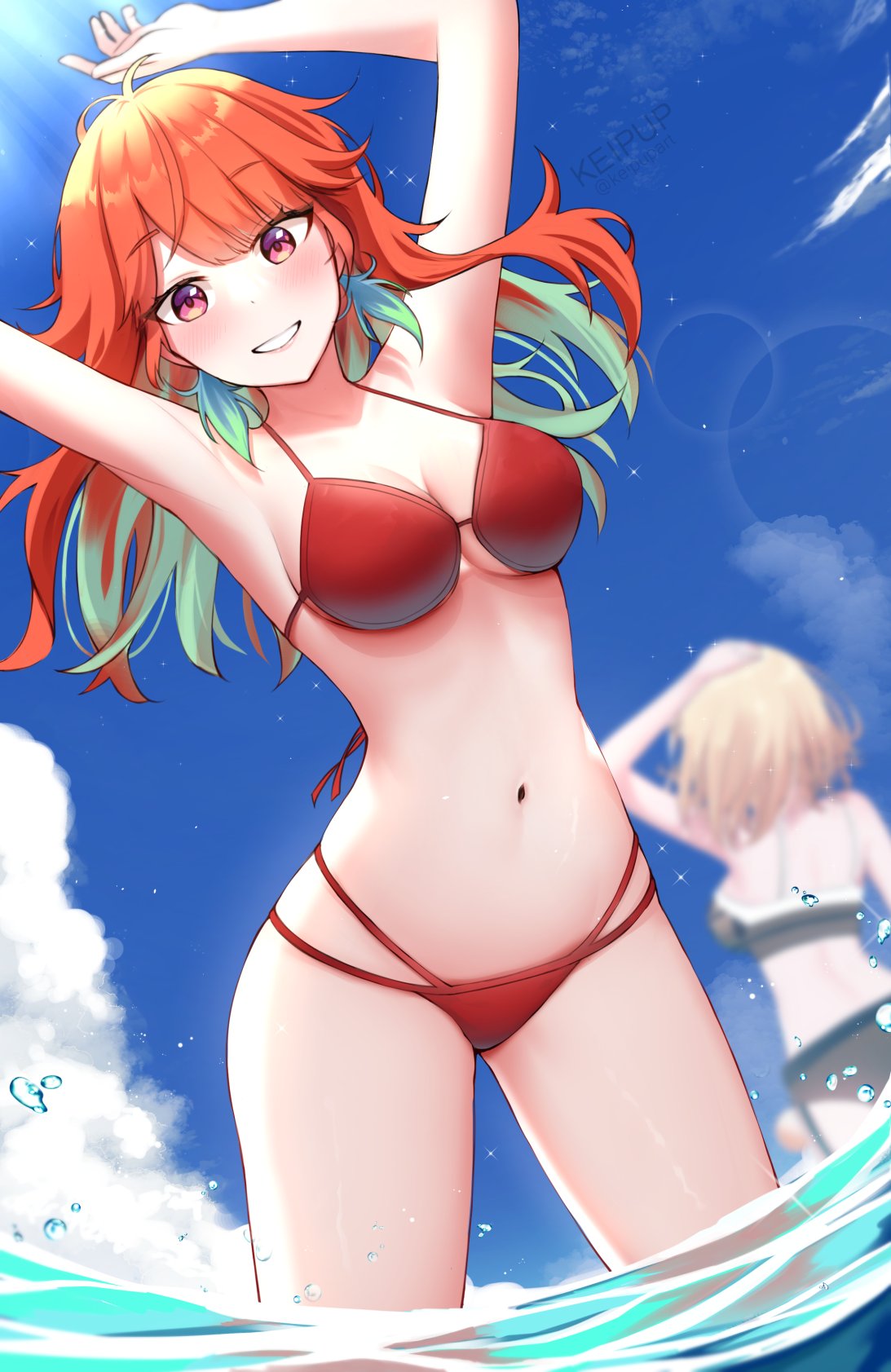 2girls :d big_breasts blonde_hair earrings female_focus fit_female green_hair hololive hololive_english hololive_myth keipup multiple_girls orange_eyes orange_hair short_hair smile takanashi_kiara two_tone_hair virtual_youtuber water watson_amelia