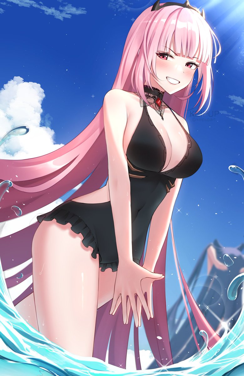 2girls, beach, big breasts, breasts, crown, female, female focus, hands together, hololive, hololive english, hololive myth, jewelry, keipup, light skin, light-skinned female, long hair, looking at viewer, mori calliope, multiple females, multiple girls, ninomae ina'nis, one-piece swimsuit, pink hair, purple hair, red eyes, sun, thick thighs, virtual youtuber, water