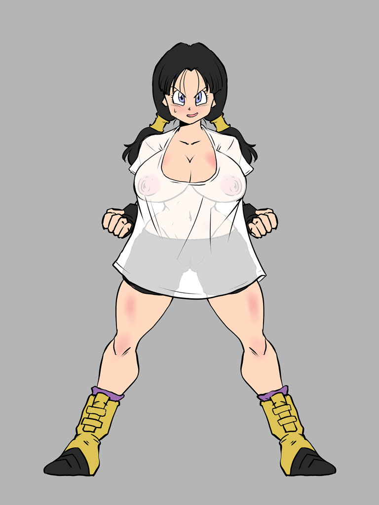 1girls 2022 baggy_clothing black_hair blue_eyes clothing dragon_ball dragon_ball_z female female_only grey_background large_ass large_breasts narrow_waist open_mouth rickert_kai see-through see-through_clothing shounen_jump simple_background slim_waist smile solo solo_female straight_hair sweat sweatdrop thick_thighs tight_clothing tongue twintails videl videl_(long_hair) videl_(majin_buu_saga) wide_hips