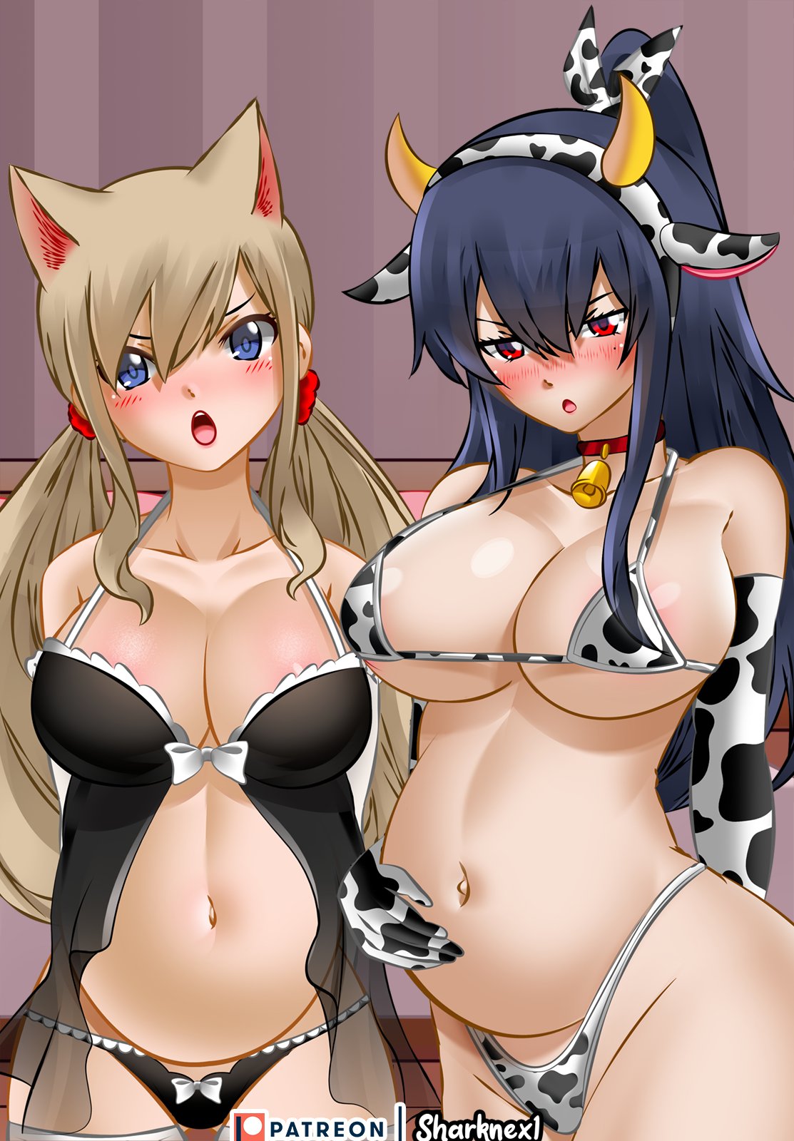 2girls alternate_version_available big_breasts blonde_hair blue_eyes blue_hair bubble_ass bubble_butt cat_ears cow_ears cow_girl cow_horns cow_print cowbell cowgirl cowgirl_outfit edens_zero embarrassed female_only homura_kogetsu lingerie mole mole_under_eye multiple_girls multiple_pregnancies open_mouth patreon patreon_logo ponytail ponytails pregnant pregnant_belly pregnant_female rebecca_bluegarden red_eyes see-through see-through_clothing selfie sharknex sole_female taking_picture taking_selfie thighhighs twintails wide_hips